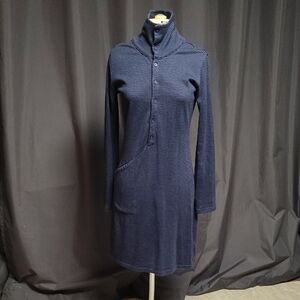 Nau Navy Button-Front Ribbed Long-Sleeve Dress